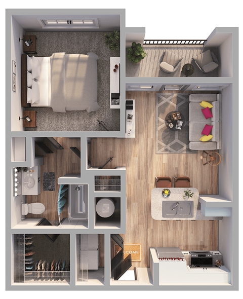 Floor plan for 1 bed, 1 bath, 684 sqft